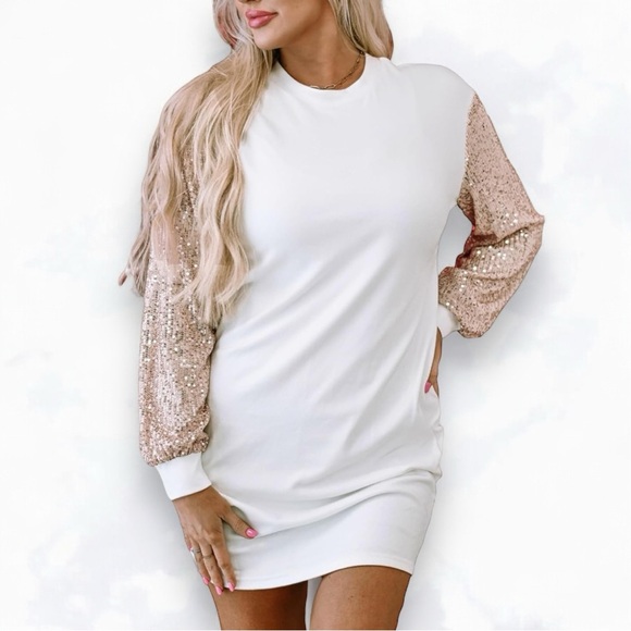 NWT White and Gold Sequin Puff Sleeve Shift Mini Dress XL - Picture 1 of 10